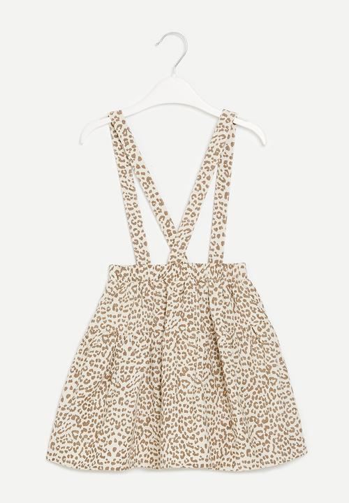 Pop Candy - Printed suspender skirt - ecru & brown
