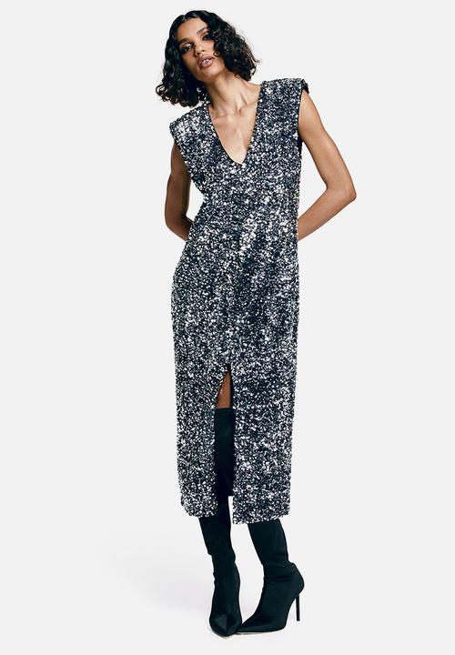 H&M - Sequined slit-hem dress - grey silver-coloured