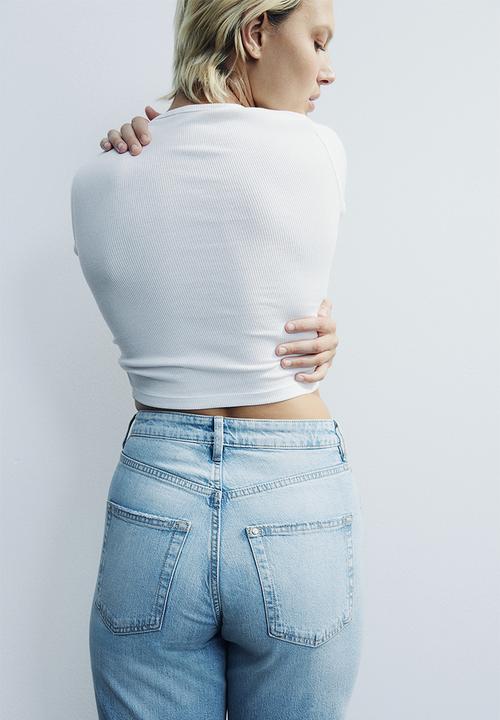 H&M - Curvy fit wide high cropped jeans - blue