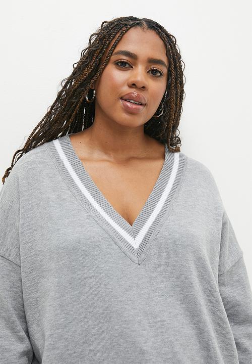 Cotton On - Plus Everfine V-Neck Pullover - Grey Shadow Marle