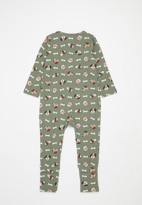 Cotton On - The long sleeve zip romper - swag green/dog with a bone