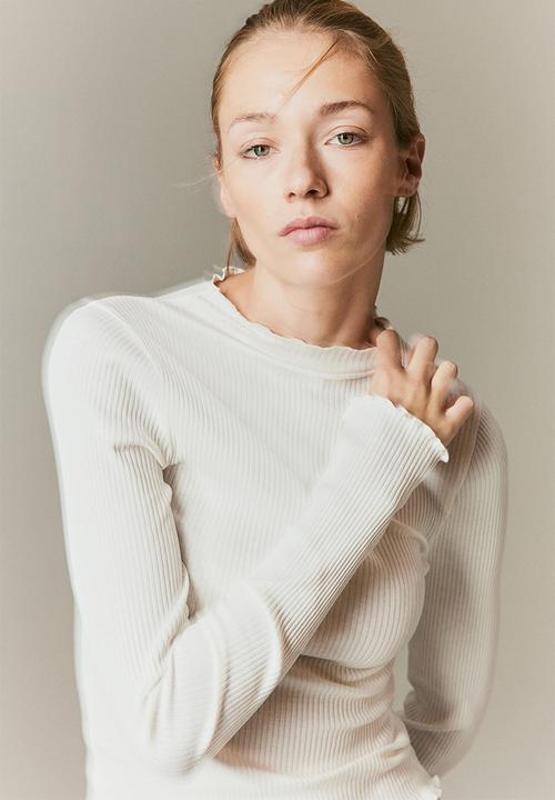 H&M - Overlock-detail ribbed top - white
