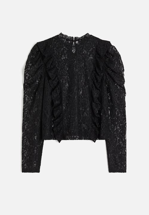 H&M - Frill-trimmed puff-sleeved lace top - black