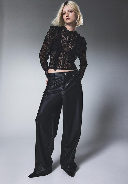 H&M - Frill-trimmed puff-sleeved lace top - black