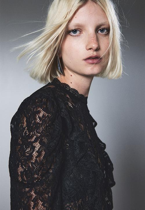H&M - Frill-trimmed puff-sleeved lace top - black