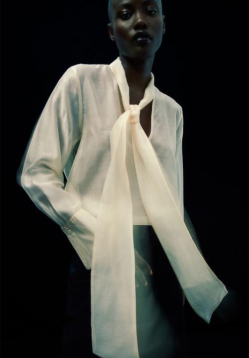 H&M - Tie-neck blouse - light beige
