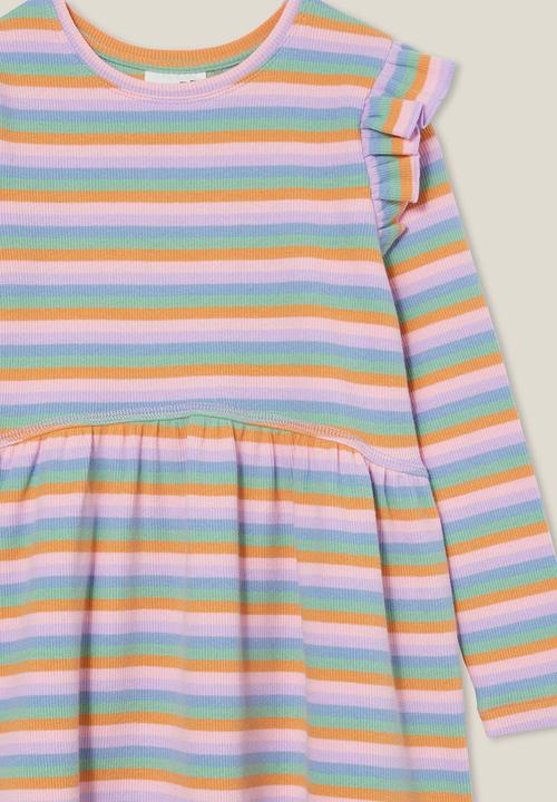 Cotton On - Indie ruffle long sleeve dress - retro rainbow stripe rib