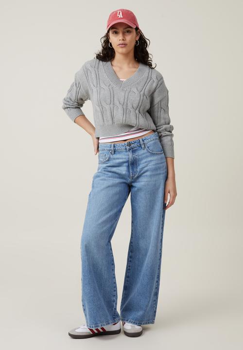 Cotton On - Cable Cotton V-Neck Pullover - Grey Shadow Marle