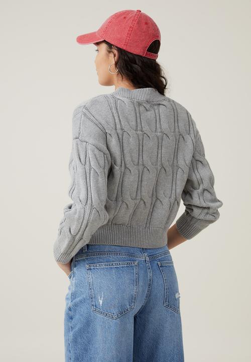 Cotton On - Cable Cotton V-Neck Pullover - Grey Shadow Marle