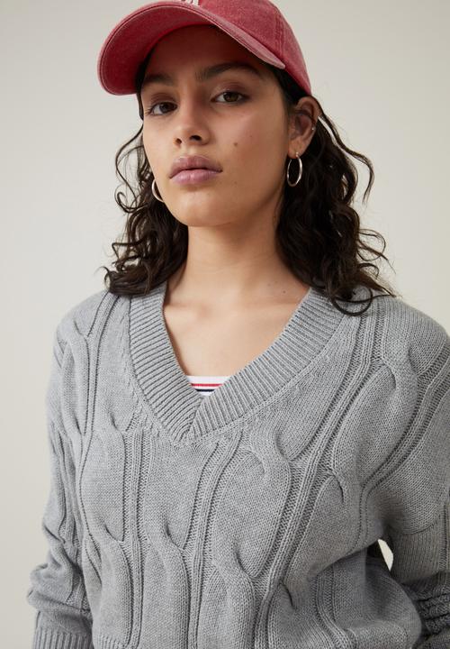 Cotton On - Cable Cotton V-Neck Pullover - Grey Shadow Marle