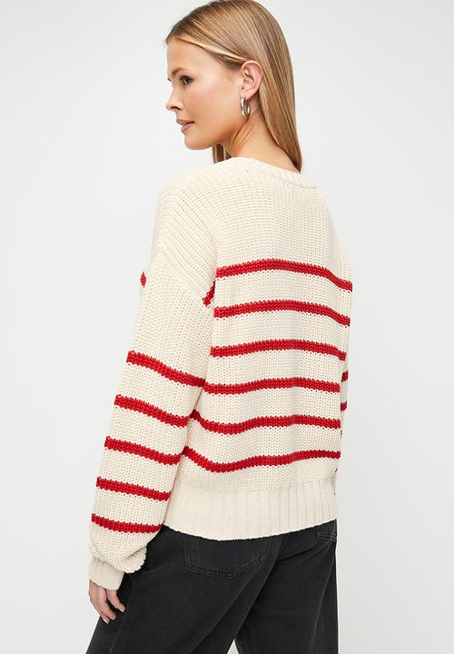 Blake - Stripe crew neck - stone & red