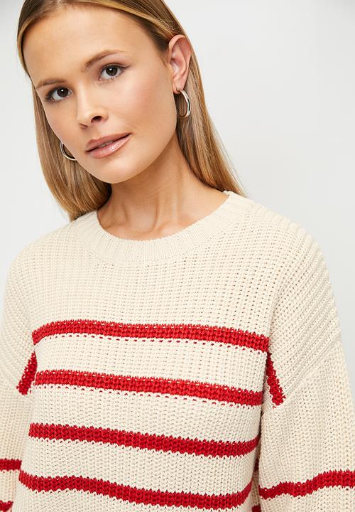 Blake - Stripe crew neck - stone & red