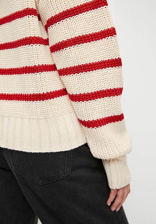 Blake - Stripe crew neck - stone & red