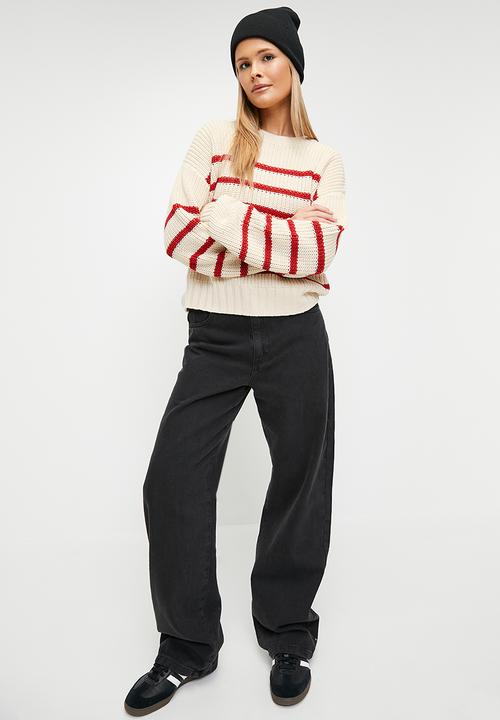 Blake - Stripe crew neck - stone & red