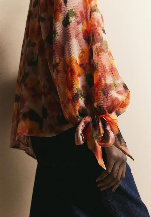 H&M - Bow-detailed crêpe blouse - pink,orange,multi