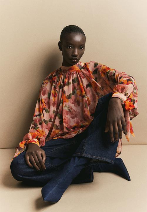 H&M - Bow-detailed crêpe blouse - pink,orange,multi