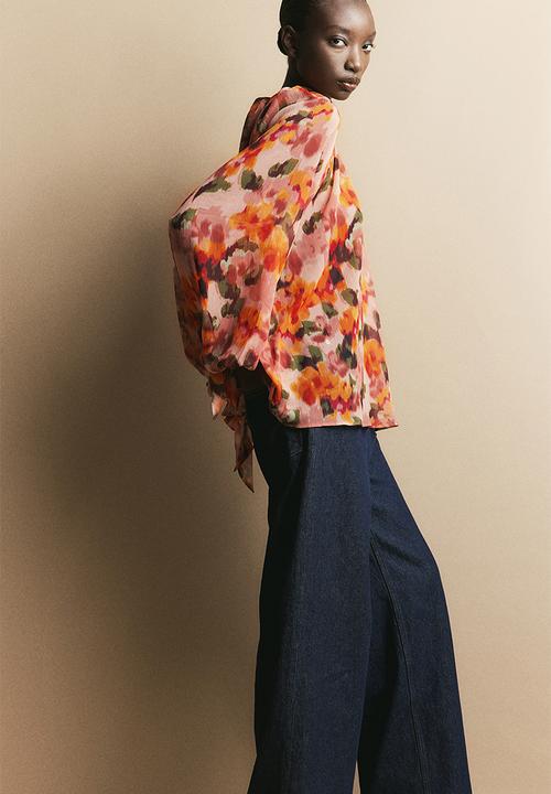 H&M - Bow-detailed crêpe blouse - pink,orange,multi