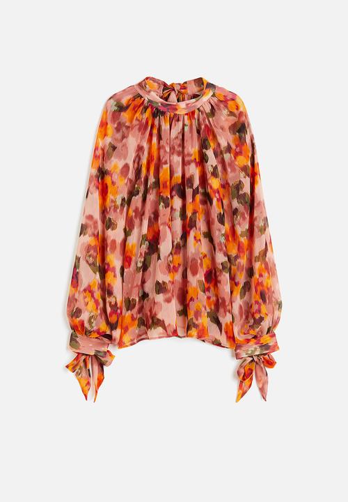 H&M - Bow-detailed crêpe blouse - pink,orange,multi