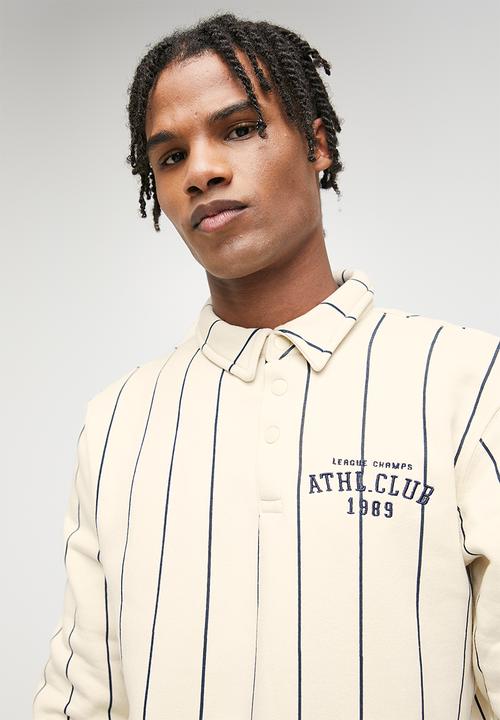 STYLE REPUBLIC - Long Sleeve Ruby Stripe  Johnny Collar tee - Ecru/Navy