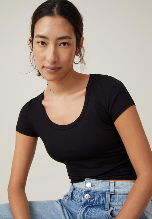 Cotton On - Staple Rib Scoop Neck Short Sleeve Top - Black 