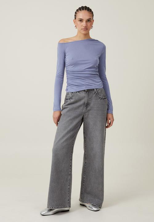 Cotton On - Gabby Off The Shoulder Long Sleeve Top - Elemental Blue