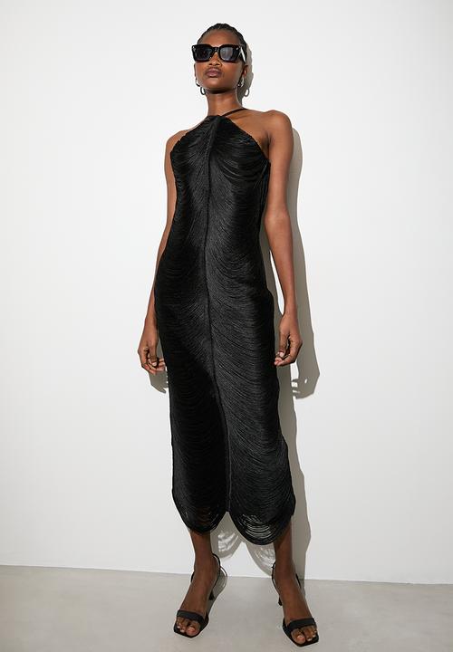 VELVET - Halterneck fringe midi dress - black