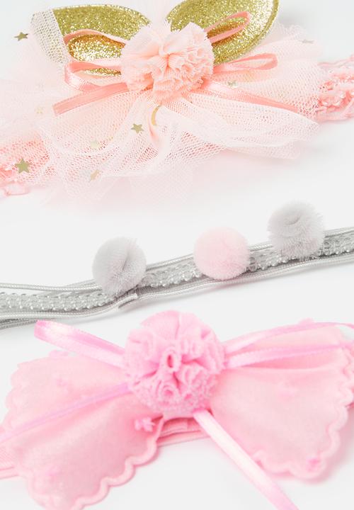 Pop Candy - Floral and pom pom headband set - pink