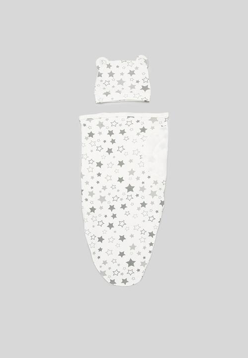 Pop Candy - Printed swaddle wrap and beanie set - white