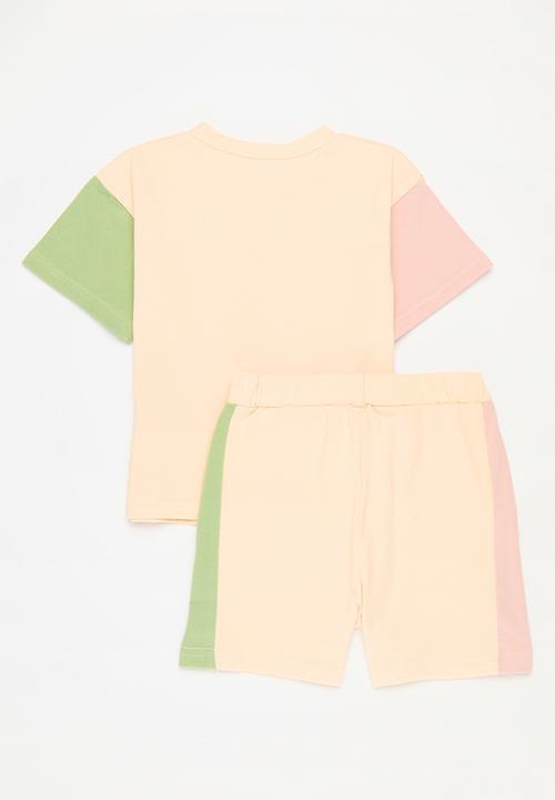 Pop Candy - Colour block top & bottom set-ecru/ pink & green