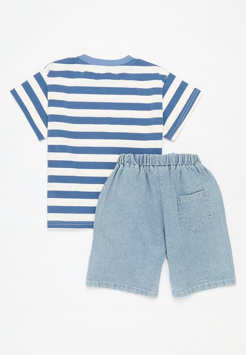 Pop Candy - Striped tee and denim shorts sets-blue