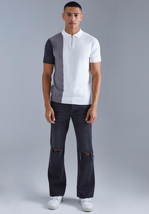 boohooMAN - Short sleeve half zip colour block knit polo - grey