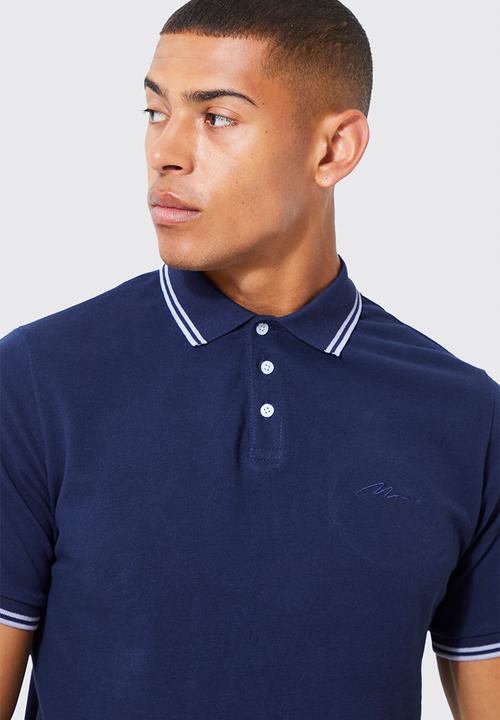 boohooMAN - Slim fit man signature tipped pique polo - mid navy