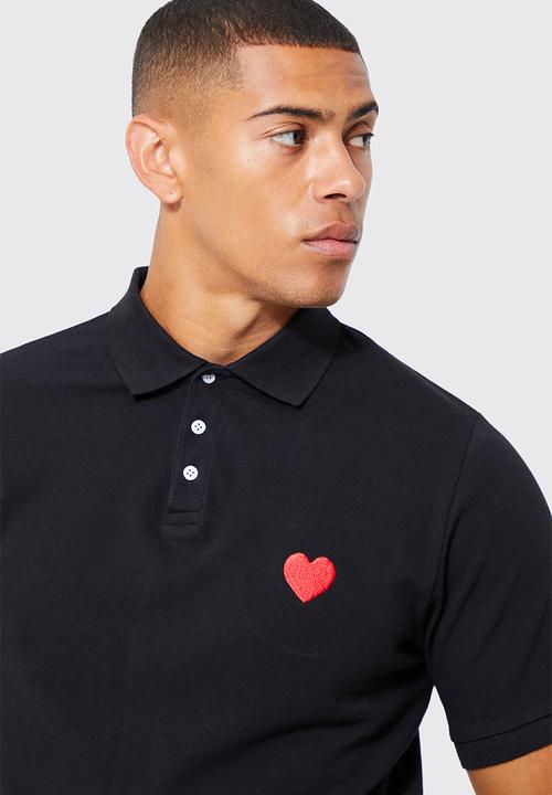 boohooMAN - Slim fit heart short sleeve pique polo - black