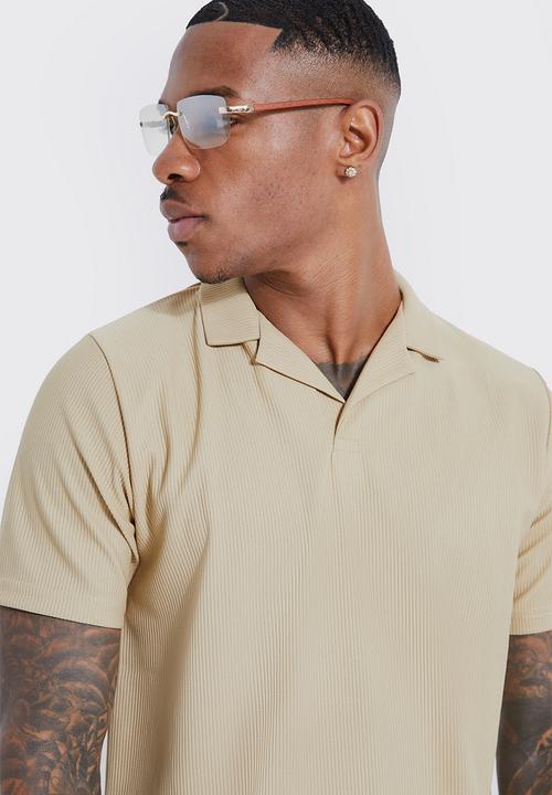 boohooMAN - Slim ottoman rib revere polo - stone