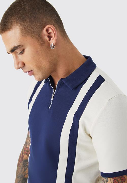 boohooMAN - Slim panelled zip neck interlock polo - navy