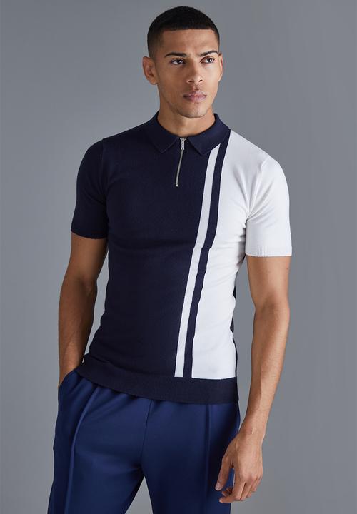 boohooMAN - Short sleeve muscle fit colour block polo - navy