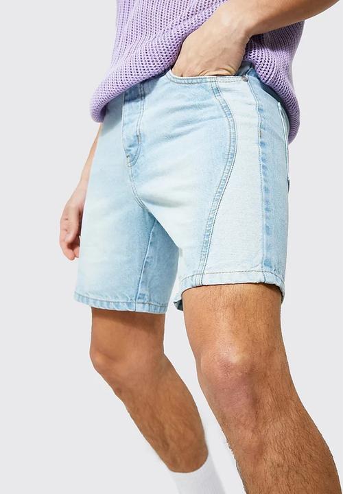 boohooMAN - Slim rigid swirl seam detail denim short - ice blue