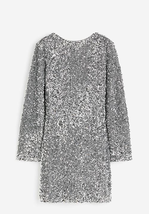 H&M - Sequined deep-back dress - silver-coloured