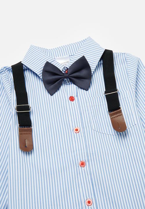 Pop Candy - Suspender pants ,bow tie & shirt set - blue - blue & beige
