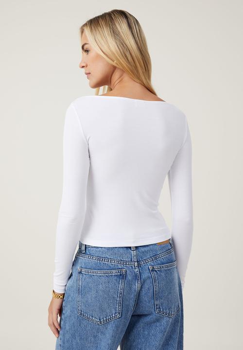 Cotton On - Staple Rib Boat Neck Long Sleeve Top - White