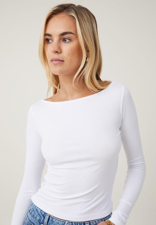 Cotton On - Staple Rib Boat Neck Long Sleeve Top - White