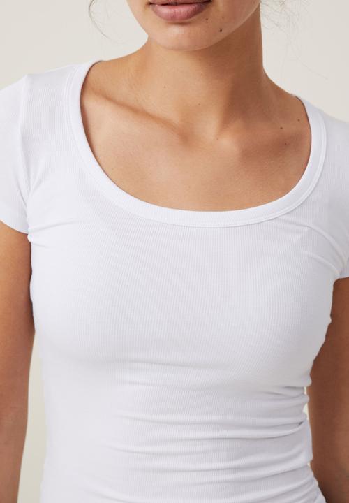 Cotton On - Staple Rib Scoop Neck Short Sleeve Top-White Ii