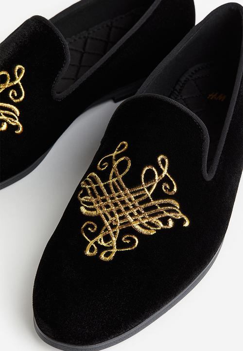 H&M - Embroidered velour loafers - black