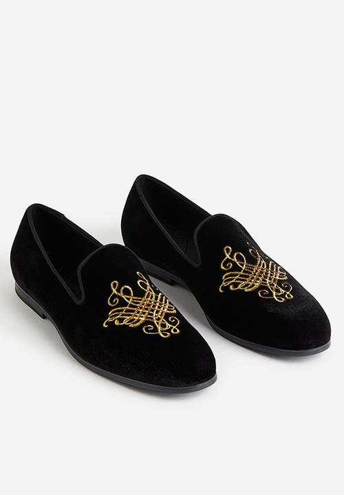 H&M - Embroidered velour loafers - black