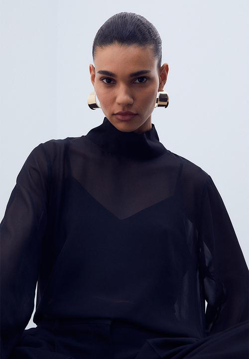 H&M - Sheer stand-up collar blouse - black
