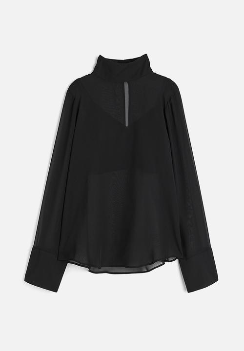 H&M - Sheer stand-up collar blouse - black
