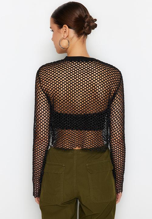 Trendyol - Lurex mesh, relaxed cut, crew neck crop knitted blouse - schwarz