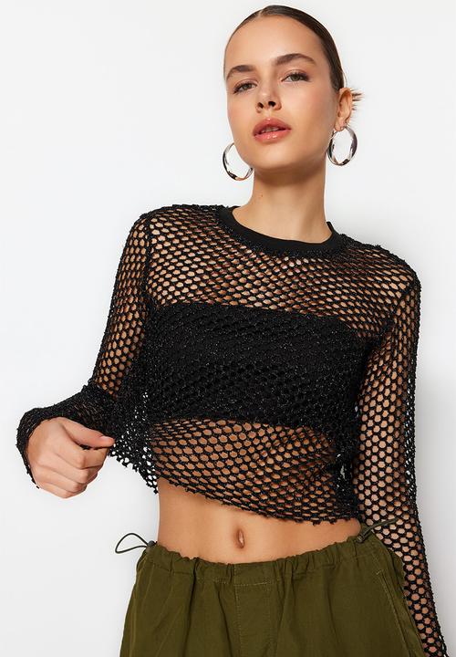 Trendyol - Lurex mesh, relaxed cut, crew neck crop knitted blouse - schwarz
