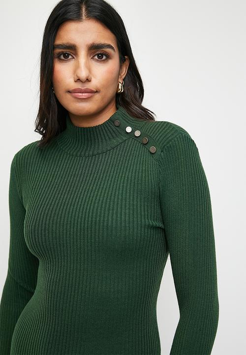 edit - Column knitwear dress with button detail - bottle green