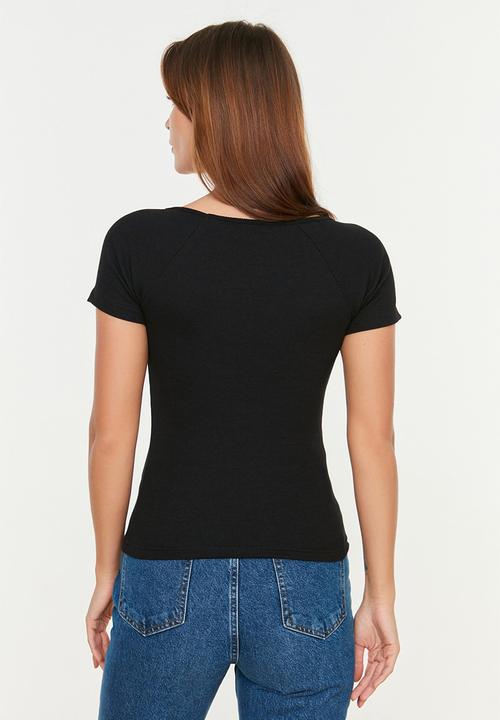 Trendyol - Fitted/Charcoal Corduroy T-Shirt - Schwarz